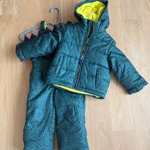 Toddler Teal Green dinosaur Snow Suit and jacket with Yellow Lining